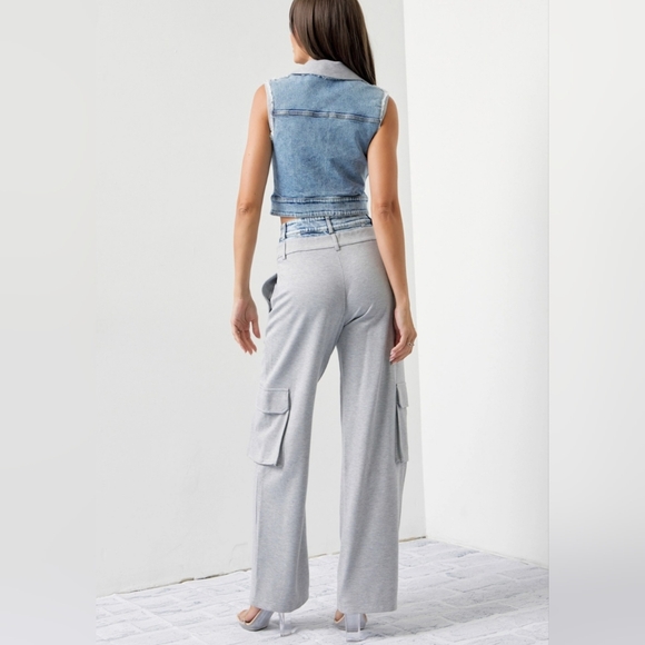 #512 SALE🛑125 S,L HIGH END Mixed Fabric Denim Vest and Cargo Pants Set - Picture 5 of 16